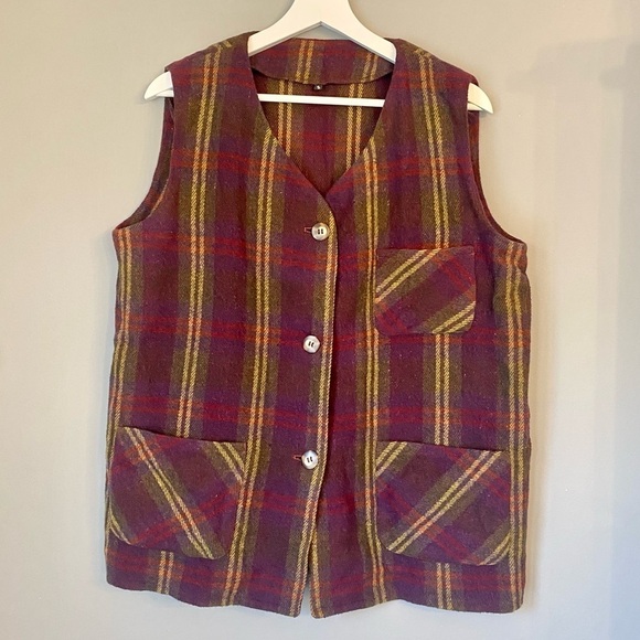 Vintage 70s Tartan Plaid Wool Blend Button Front Vest - Picture 3 of 15